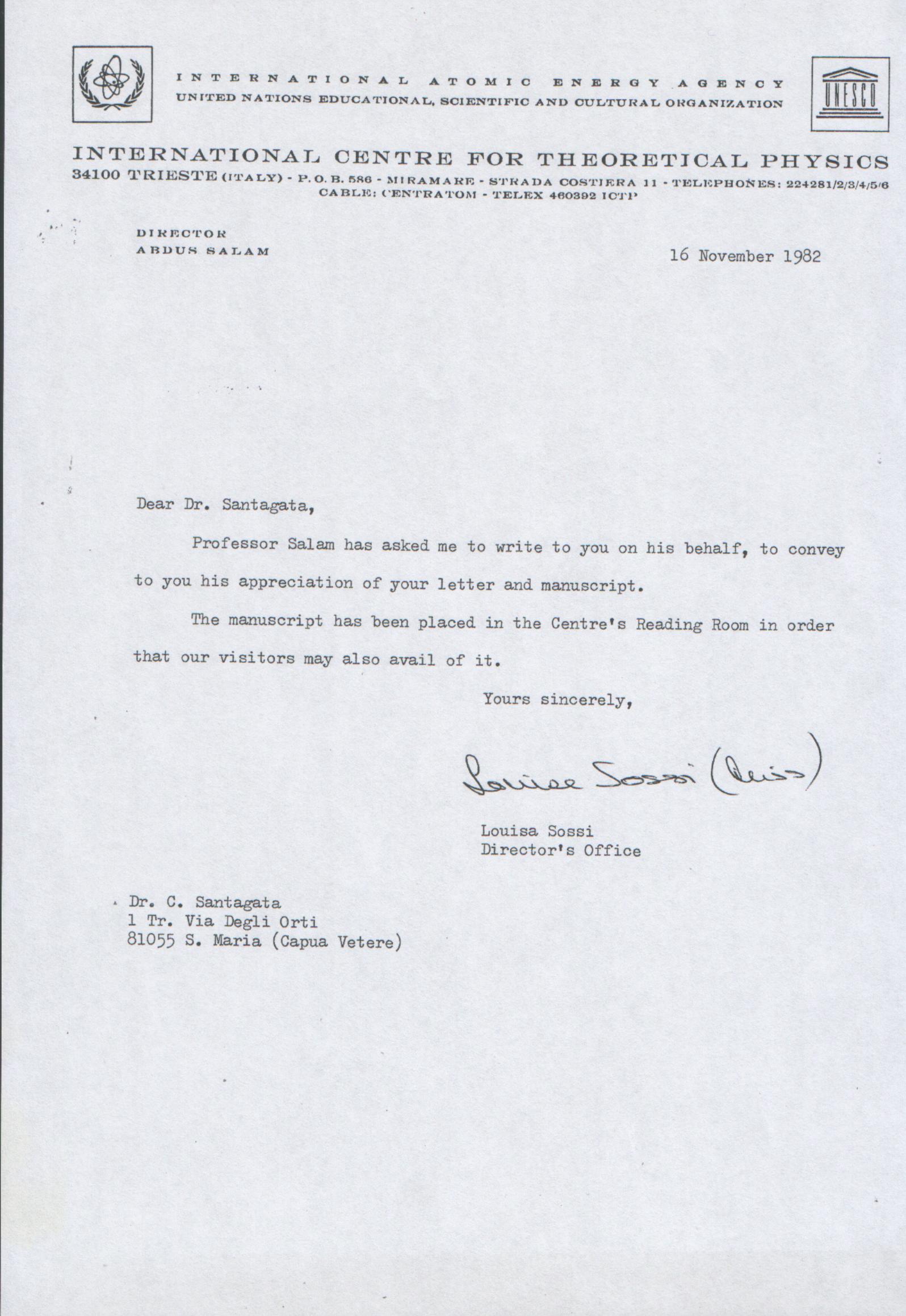 Lettera del Nobel Abdus Salam